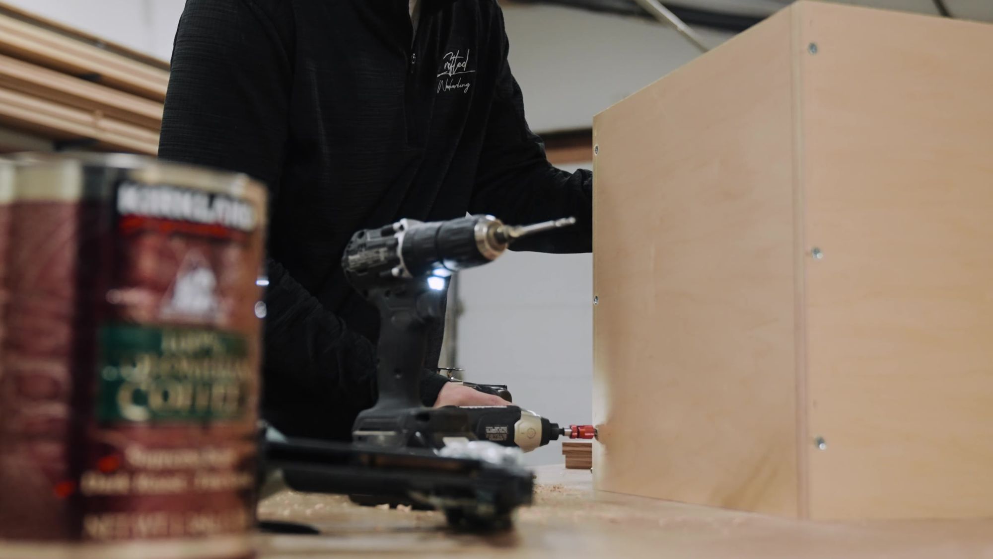 Assembling a cabinet box with a drill