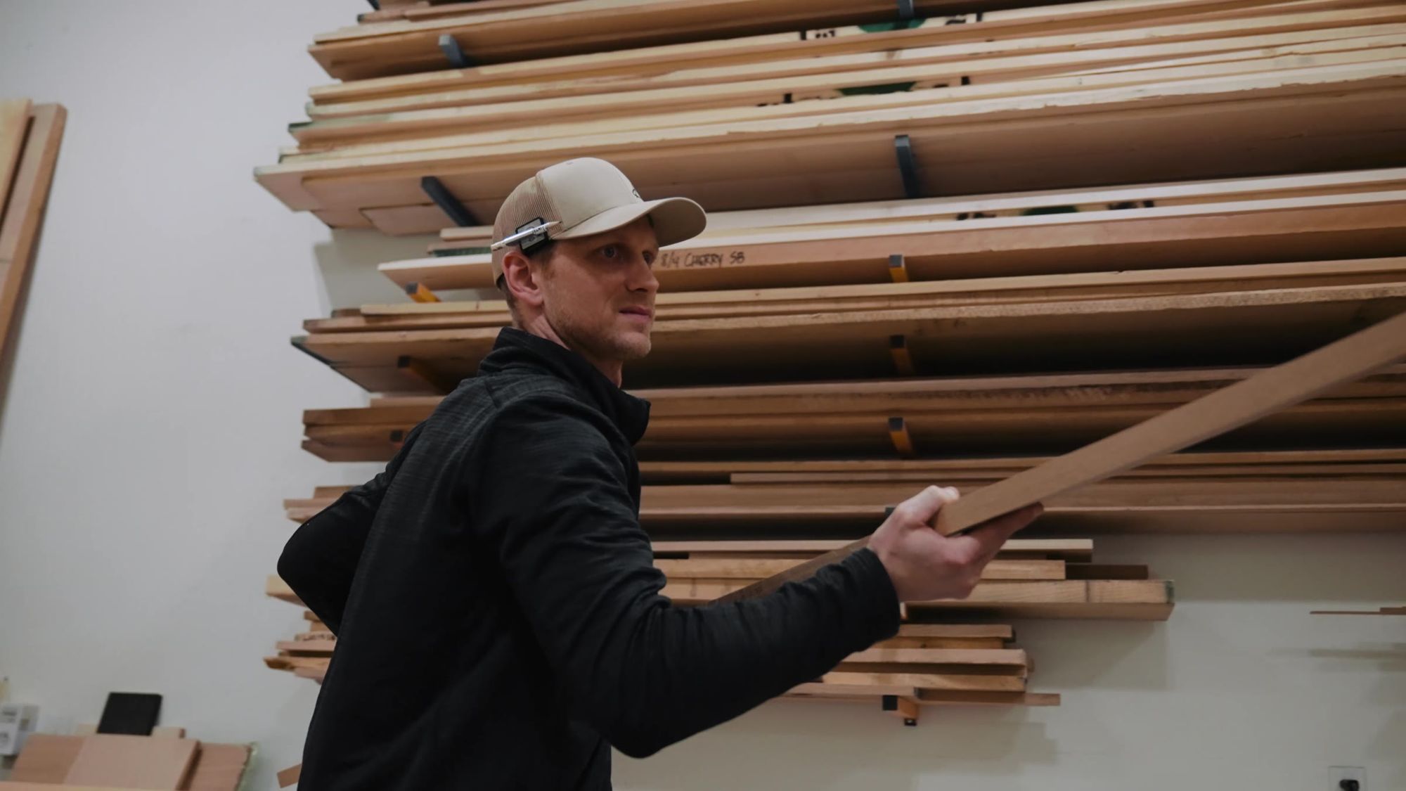Pulling a board from the lumber rack